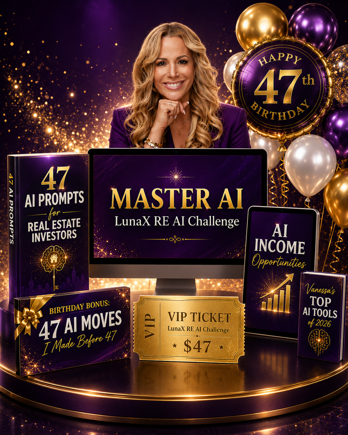 Vanessa celebrating her 47th birthday with gold balloons